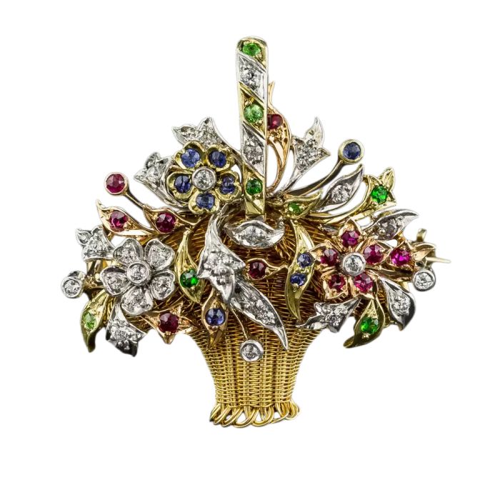 Antique Multi-Gem Flower Basket Brooch