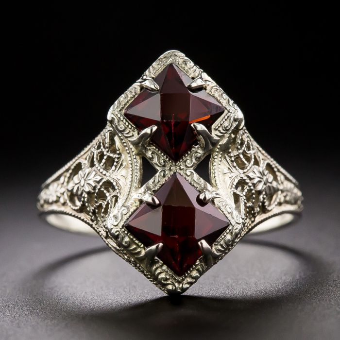 Art Deco Double-Garnet Filigree Ring by Ostby and Barton