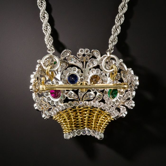 Diamond and Gemstone Flower Basket Necklace/Brooch