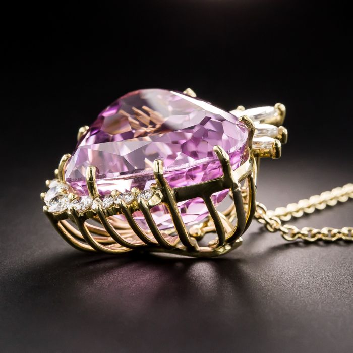 Fine 62.27 Carat Heart-Shaped Kunzite and Diamond Pendant