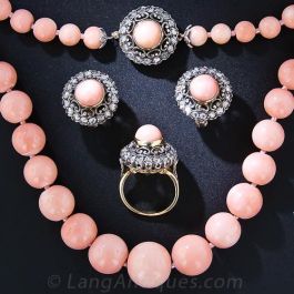 Mid-Century Angel Skin Coral Necklace, Earrings and Ring