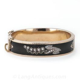Antique Black Enamel Lily of the Valley Bangle Bracelet