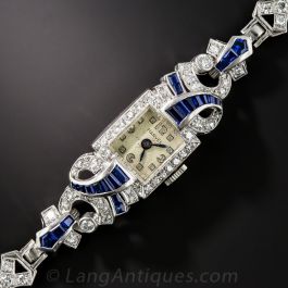 Art Deco Diamond and Sapphire Bracelet Watch display picture 2