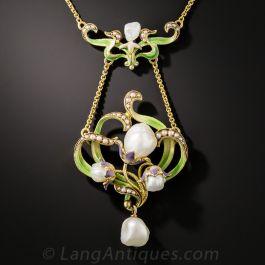 Large Art Nouveau Enamel and Pearl Pendant by Bippart