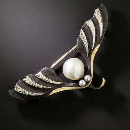 Marsh & Co. Ginkgo Leaf Pearl, Blackened Steel and 18K Brooch