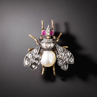 Antique Natural Pearl, Diamond and Ruby Bee Brooch  - 2