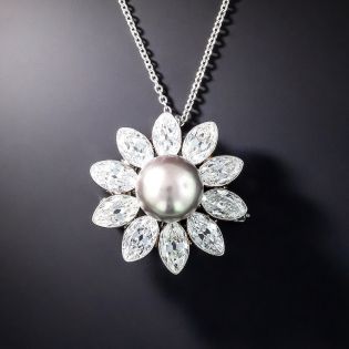 Important Natural Pearl and Marquise Diamond Flower Pendant/Brooch - GIA - 1