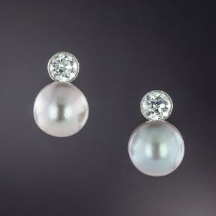 Natural 10 MM Pinkish-Gray Saltwater Pearl and Diamond Earrings - GIA - 1