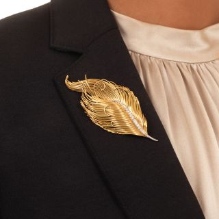 18K Diamond Quill Feather Brooch