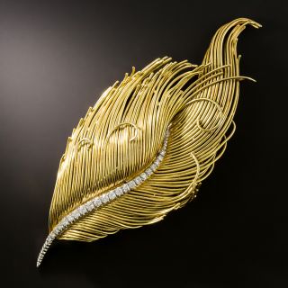 18K Diamond Quill Feather Brooch - 2