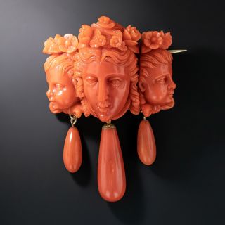Antique Coral Cameo Family Portrait Brooch - 2