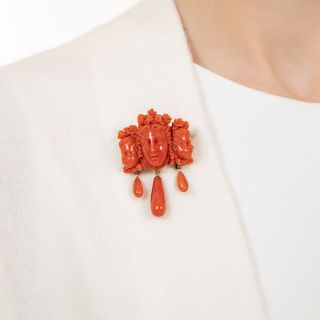 Antique Coral Cameo Family Portrait Brooch