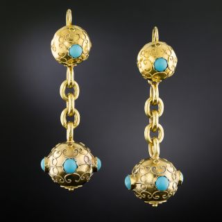 Antique Etruscan Revival Turquoise-Colored Glass Dangle Earrings, French - 2