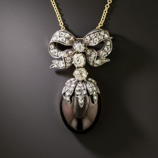 Antique Garnet Cabochon Drop Diamond Bow Brooch/Pendant, French - 2