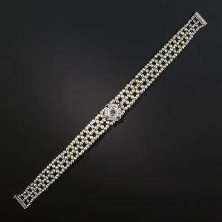 Art Deco 1.00 Carat Asscher-Cut Diamond and Natural Pearl Bracelet  - 2