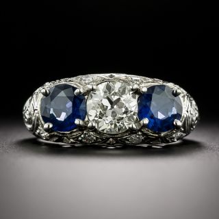 Art Deco 1.05 Carat Diamond and Sapphire Three-Stone Ring - GIA - 3