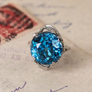 Art Deco 18.21 Carat Blue Zircon and Diamond Ring, by Petri