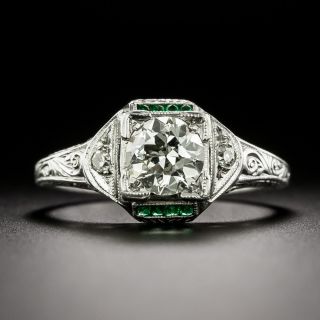 Art Deco 18K Diamond Engagement Ring with Emerald Glass Accents - 3