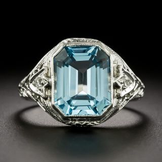 Art Deco Blue Topaz and Diamond Filigree Ring - 3