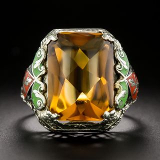Art Deco Buff-Top Madeira Quartz and Enamel Filigree Ring - 2