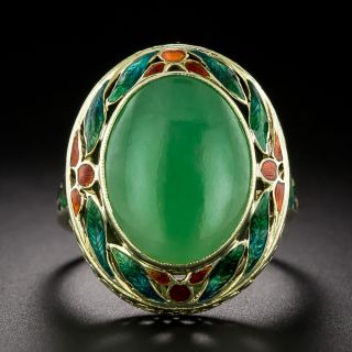 Art Deco Burmese Jade and Enamel Ring, Size 6 3/4 - 3