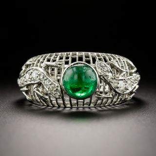 Art Deco Cabochon Emerald with Diamond Lizards Ring - 2