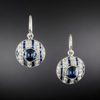 Art Deco Cabochon Sapphire and Diamond Dangle Earrings  - 2
