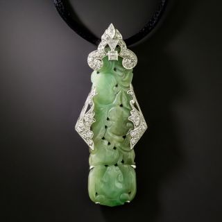 Art Deco Carved Burmese Jade and Diamond Pendant - 3