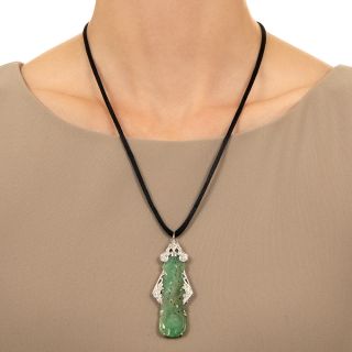 Art Deco Carved Burmese Jade and Diamond Pendant