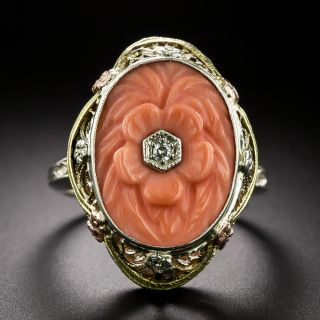 Art Deco Carved Coral Flower Filigree Ring - 2
