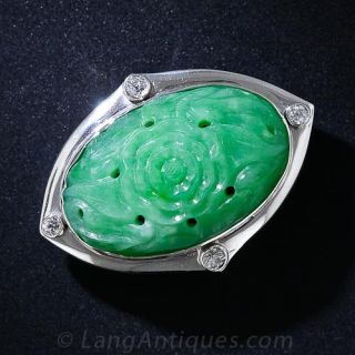 Art Deco Carved Natural Burmese Jade and Diamond Pin - 1