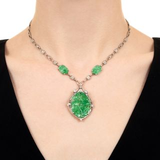 Art Deco Carved Natural Jade Necklace/Brooch