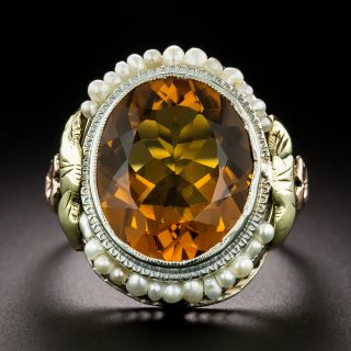 Art Deco Citrine and Pearl Tri-Color Gold Ring - 2