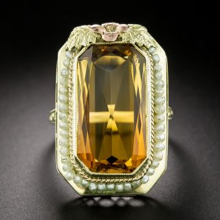 Art Deco Citrine and Pearl Tri-Color Gold Ring - 2