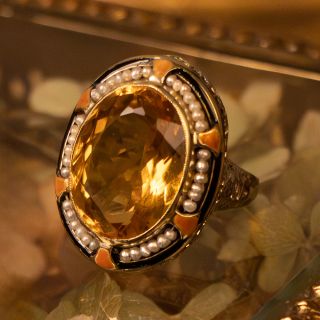 Art Deco Citrine, Seed Pearl and Enamel Ring, Size 6 1/2