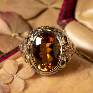 Art Deco Citrine Tri-Color Gold Ring