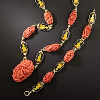 Art Deco Coral and Enamel Buddha Necklace and Bracelet - 2