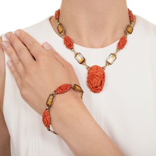 Art Deco Coral and Enamel Buddha Necklace and Bracelet