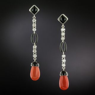Art Deco Coral, Diamond, Onyx and Black Enamel Earrings - 2