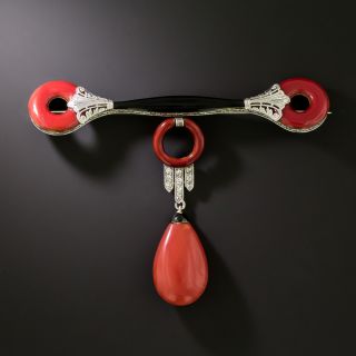 Art Deco Coral, Enamel, and Diamond Brooch, by Carter & Gough - 4