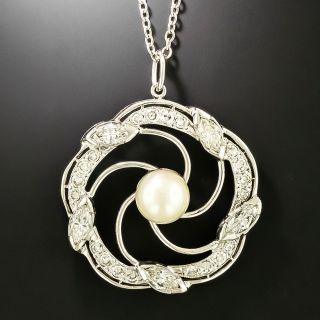 Art Deco Cultured Pearl and Diamond Swirl Pendant - 2