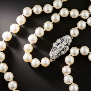 Art Deco Cultured Pearl Necklace with Diamond and Sapphire* Clasp - 3