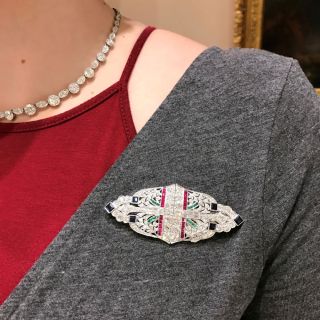 Art Deco Diamond and Colorful Gem Double Clip-Brooch