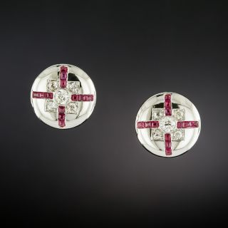 Art Deco Diamond and Ruby* Button Earrings - 2