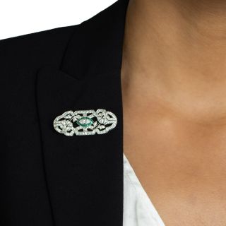 Art Deco Diamond, Emerald and Onyx Brooch