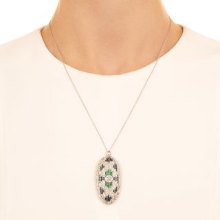 Art Deco Diamond, Emerald and Sapphire Pendant