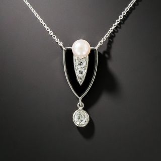 Art Deco Diamond, Onyx and Pearl Drop Pendant - 4