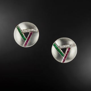 Art Deco Diamond, Ruby and Emerald-Green Glass* Stud Earrings - 1