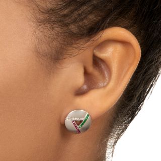 Art Deco Diamond, Ruby and Emerald-Green Glass* Stud Earrings