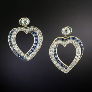 Art Deco Diamond, Sapphire and Emerald Heart Earrings - 2